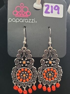 219# paparazzi Silver-Tone Orange Beaded Filigree Chandelier Earrings